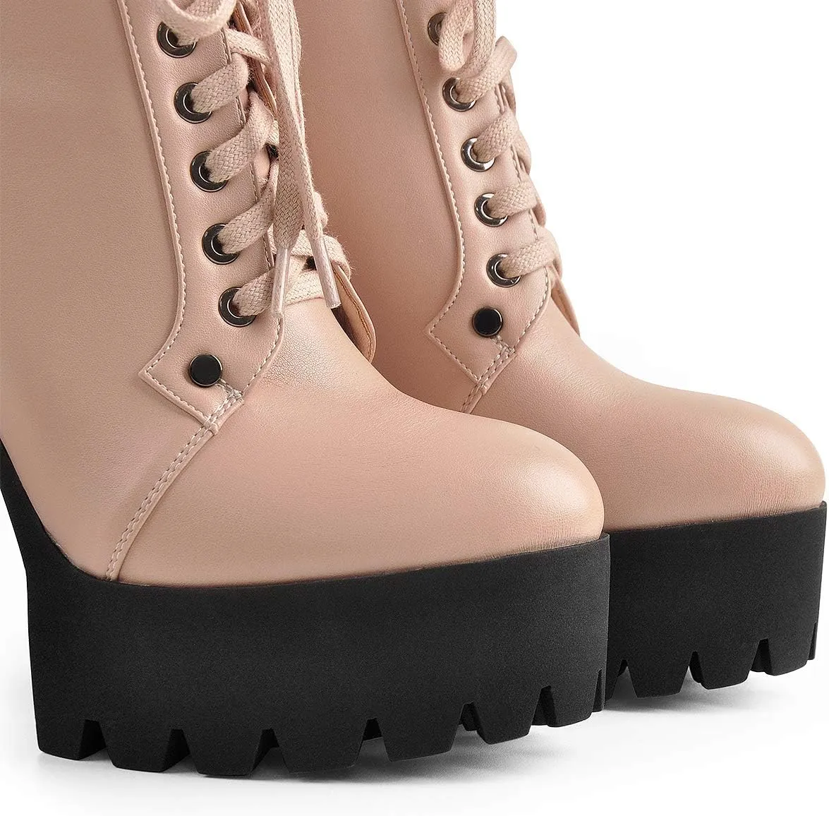 Women's Platform High Chunky Heel Leather Shoes Lace Up Side zipper Ankle Boots Fashion Autumn Winter Shoes