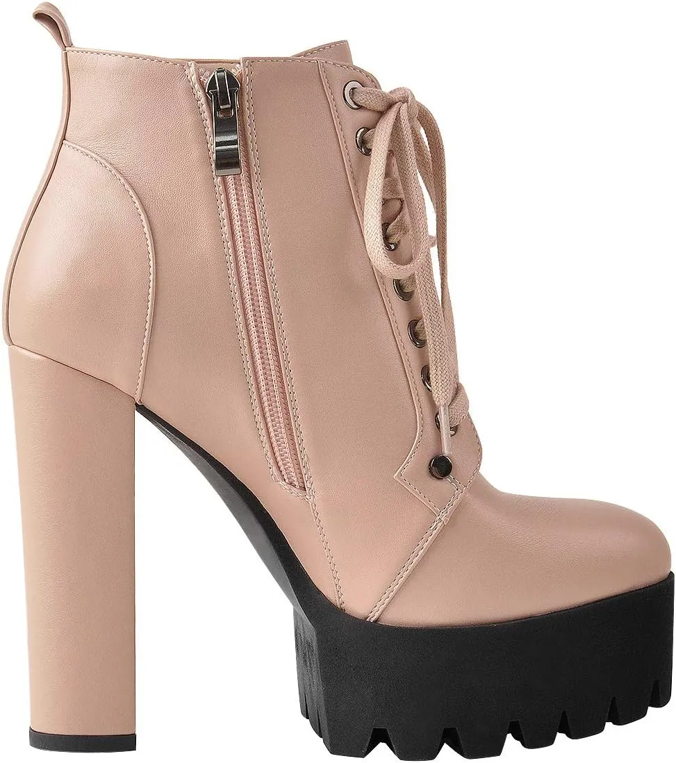Women's Platform High Chunky Heel Leather Shoes Lace Up Side zipper Ankle Boots Fashion Autumn Winter Shoes