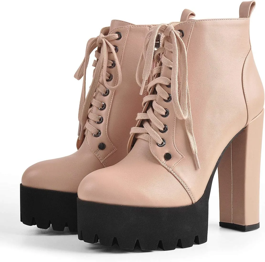 Women's Platform High Chunky Heel Leather Shoes Lace Up Side zipper Ankle Boots Fashion Autumn Winter Shoes