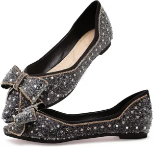 Women's Pointed Rhinestone Flat Shoes Glitter Flowers Wedding Comfortable Dress Shoes