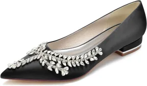 Women's Pointed Toe Bridal Pumps Comfort Satin with Rhinestone Ballet Flats Slip on Wedding Flats Prom Evening Party Dress Shoes