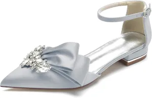 Women's Pointed Toe Crystal Wedding Flats for Bride Comfortable Satin White Wedding Shoes Low Heels Ankle Strap Bridal Flats Evening Prom Party Dress Shoes Pumps
