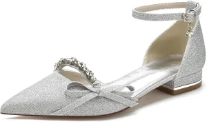 Women's Pointed Toe Glitter Satin Wedding Flats for Bride Comfortable Wedding Shoes Low Heels Rhinestones Bridal Flats Evening Prom Party Dress Shoes Pumps