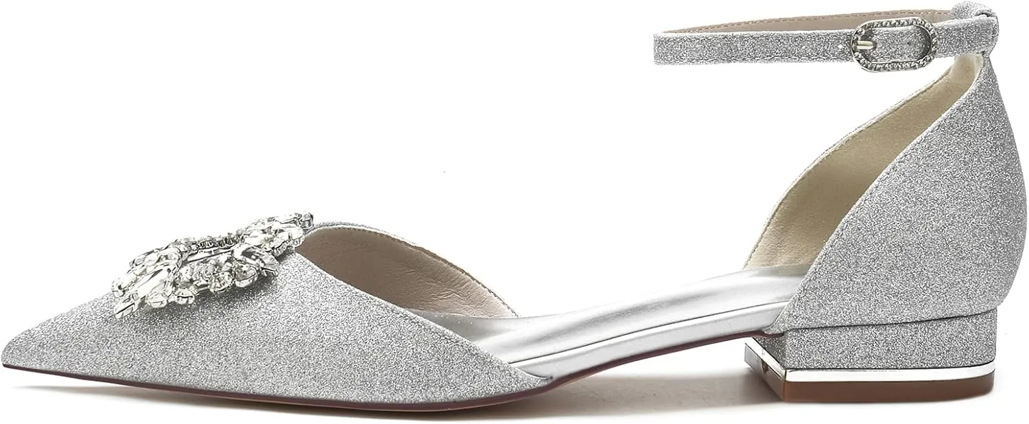 Women's Pointed Toe Glitter Wedding Flats for Bride Comfortable Rhinestones Bridal Shoes Evening Prom Party Dress Shoes Pumps