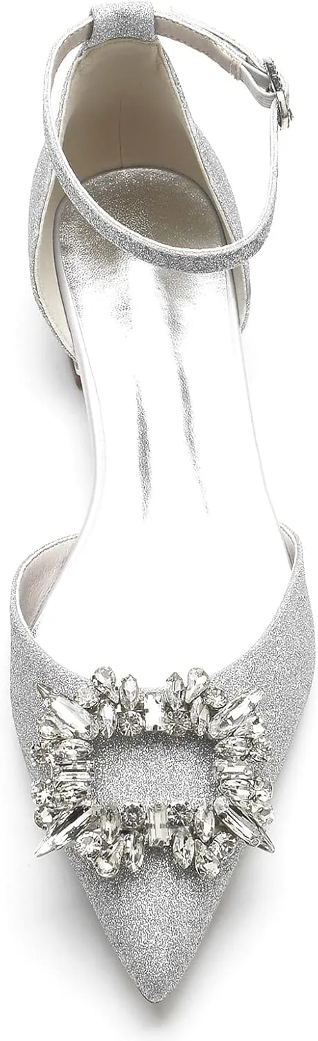 Women's Pointed Toe Glitter Wedding Flats for Bride Comfortable Rhinestones Bridal Shoes Evening Prom Party Dress Shoes Pumps