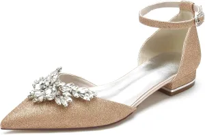 Women's Pointed Toe Glitter Wedding Shoes for Bride Flats Comfortable Rhinestones Bridal Flats Evening Prom Party Dress Shoes Pumps