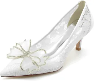 Women's Pointed Toe Lace Wedding Shoes for Bride Low Heels Comfortable Bow Bridal Shoes Heels Evening Prom Party Dress Shoes Pumps