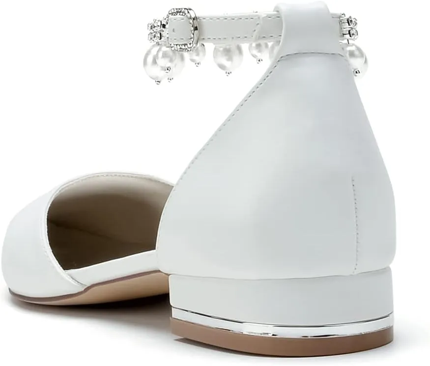 Women's Pointed Toe Pearl Wedding Flats for Bride Comfortable White Wedding Shoes Low Heels Ankle Strap Bridal Flats Formal Evening Party Dress Shoes Pumps