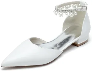 Women's Pointed Toe Pearl Wedding Flats for Bride Comfortable White Wedding Shoes Low Heels Ankle Strap Bridal Flats Formal Evening Party Dress Shoes Pumps