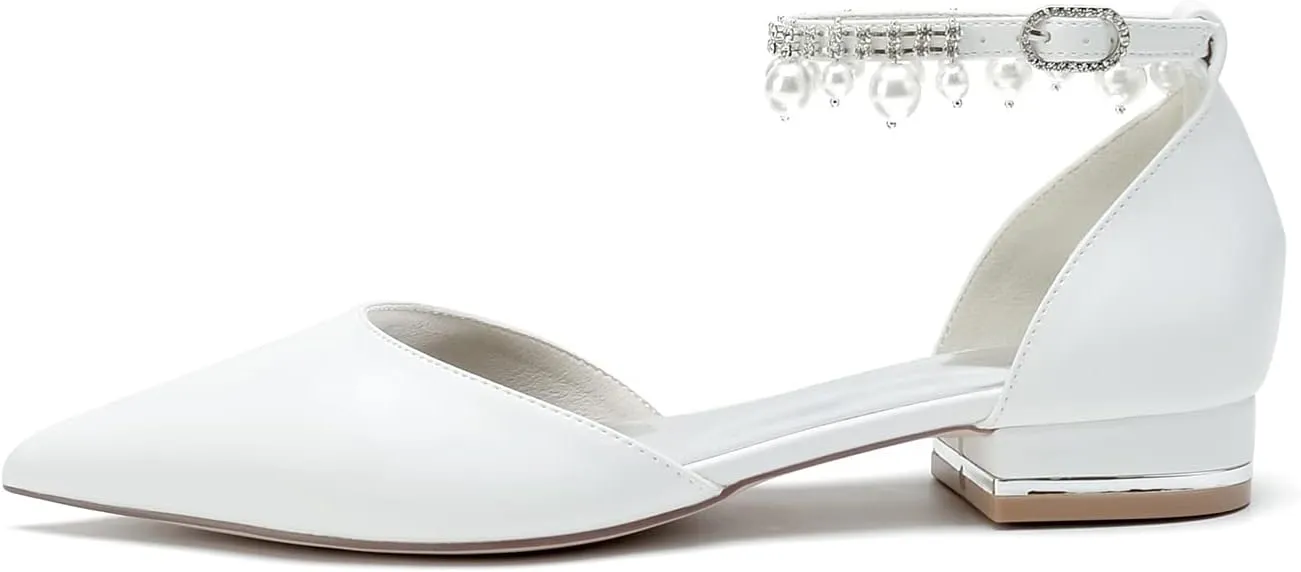 Women's Pointed Toe Pearl Wedding Flats for Bride Comfortable White Wedding Shoes Low Heels Ankle Strap Bridal Flats Formal Evening Party Dress Shoes Pumps