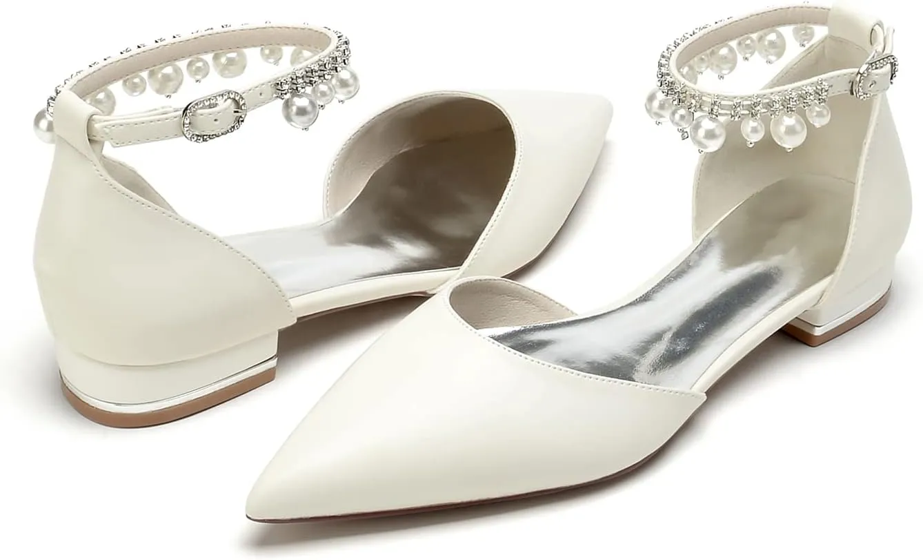 Women's Pointed Toe Pearl Wedding Flats for Bride Comfortable White Wedding Shoes Low Heels Ankle Strap Bridal Flats Formal Evening Party Dress Shoes Pumps