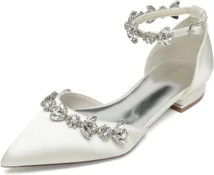 Women's Pointed Toe Satin Wedding Flats for Bride Comfortable Rhinestones Bridal Shoes Evening Prom Party Dress Shoes Pumps 18448-46M