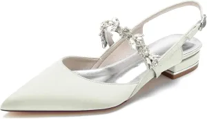 Women's Pointed Toe Satin Wedding Flats for Bride Comfortable Rhinestones Bridal Shoes Evening Prom Party Dress Shoes Pumps Ivory Size 8.5