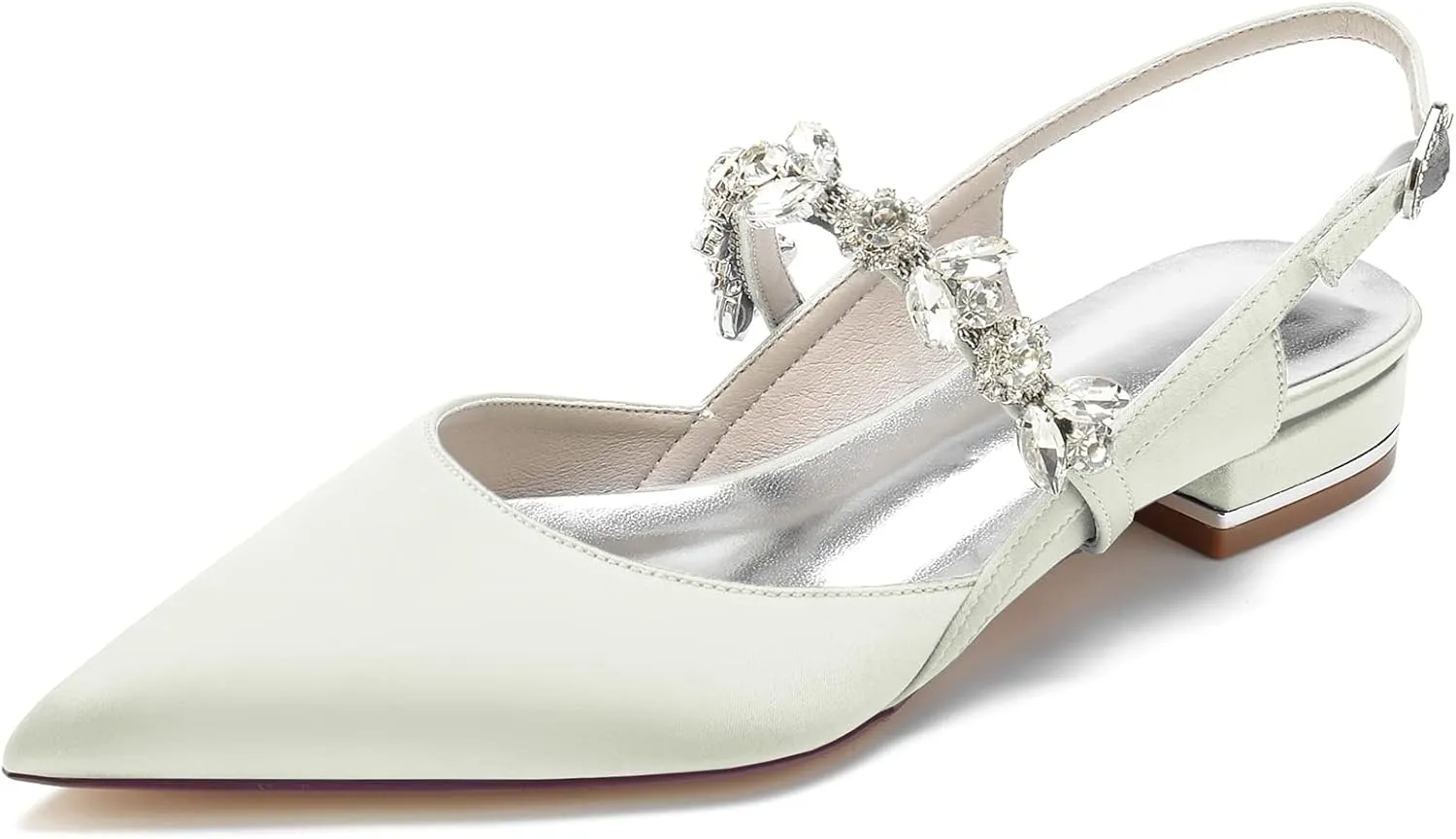Women's Pointed Toe Satin Wedding Flats for Bride Comfortable Rhinestones Bridal Shoes Evening Prom Party Dress Shoes Pumps Ivory Size 8.5