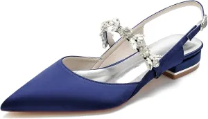 Women's Pointed Toe Satin Wedding Flats for Bride Comfortable Rhinestones Bridal Shoes Evening Prom Party Dress Shoes Pumps Navy B