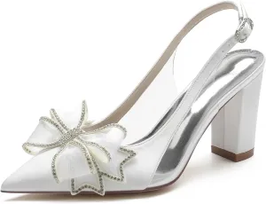 Women's Pointed Toe Wedding Shoes for Bride Block Heels Slingback Ankle Strap Satin Bridal Shoes High Heels Prom Party Dress Shoes Pumps