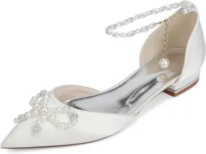 Women's Pointed Toe Wedding Shoes Satin Bride Flats Pearl Evening Prom Party Dress Flats Shoes 2.5Cm
