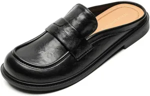 Women's Retro Leather Closed Toe Mules,Slip On Comfort Flat Loafers Fashion Casual Non-Slip Backless Slippers