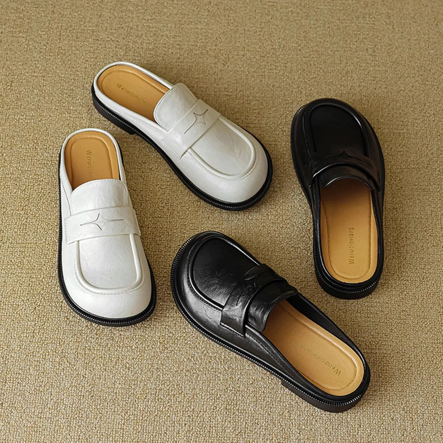 Women's Retro Leather Closed Toe Mules,Slip On Comfort Flat Loafers Fashion Casual Non-Slip Backless Slippers