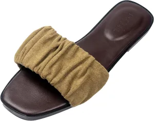 Women’s Ruched Fabric Slide Sandals Open Toe Flat Sandals with Heel Cushion