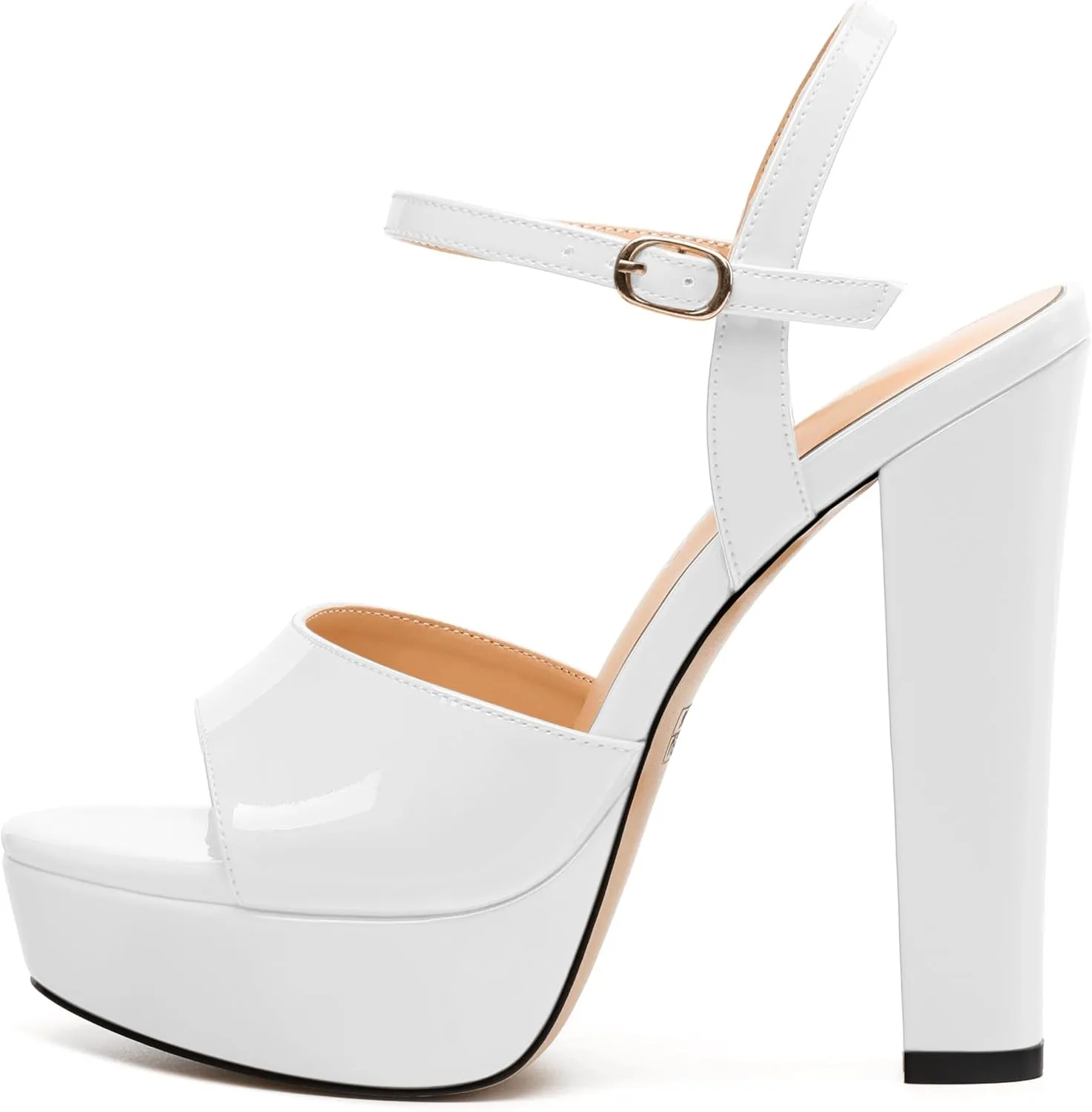 Womens Sandals, Round Open Toe Platform Sandals, Adjustable Ankle Strap Buckle High Heels, Fashion Solid Patent Sandals
