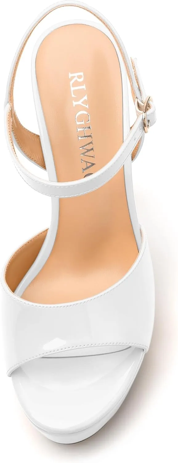 Womens Sandals, Round Open Toe Platform Sandals, Adjustable Ankle Strap Buckle High Heels, Fashion Solid Patent Sandals