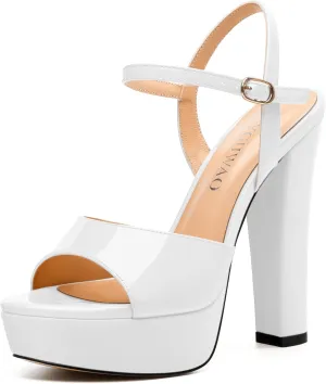 Womens Sandals, Round Open Toe Platform Sandals, Adjustable Ankle Strap Buckle High Heels, Fashion Solid Patent Sandals
