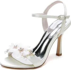 Women's Satin High Heel Open Toe Sandals Slingback Bridal Dress Shoes Pearl Rhinestone Buckle Suitable for Wedding Prom Events