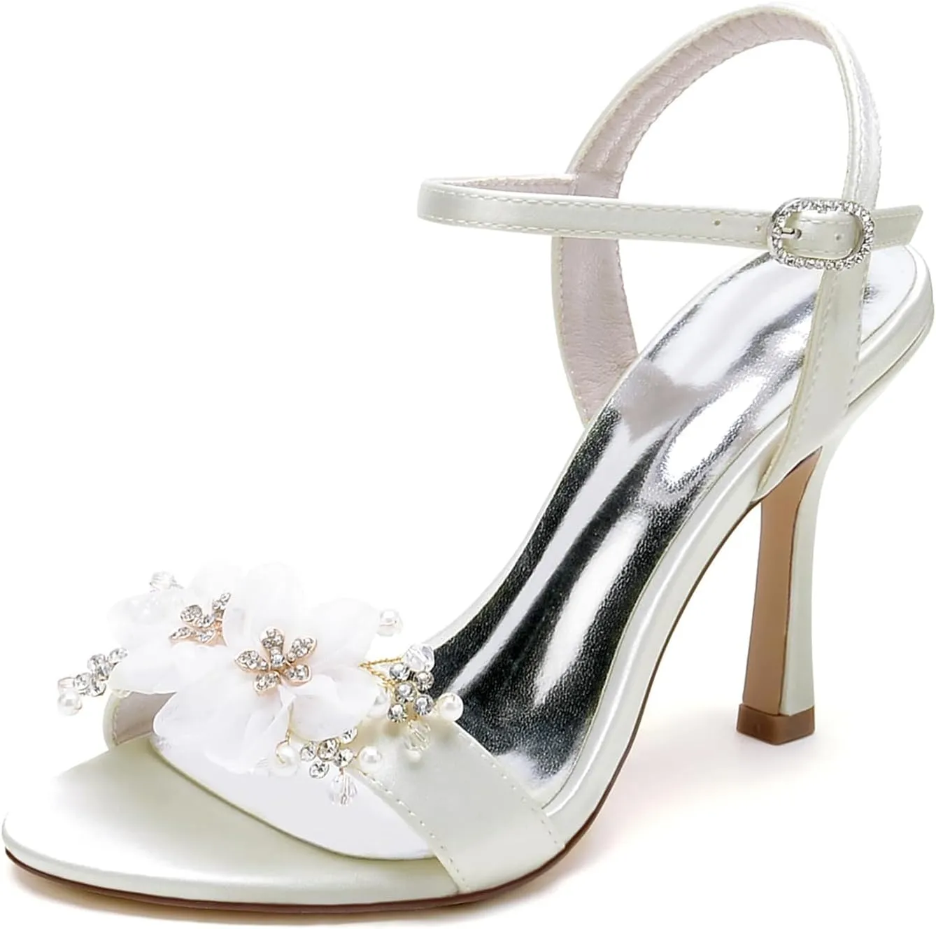 Women's Satin High Heel Open Toe Sandals Slingback Bridal Dress Shoes Pearl Rhinestone Buckle Suitable for Wedding Prom Events