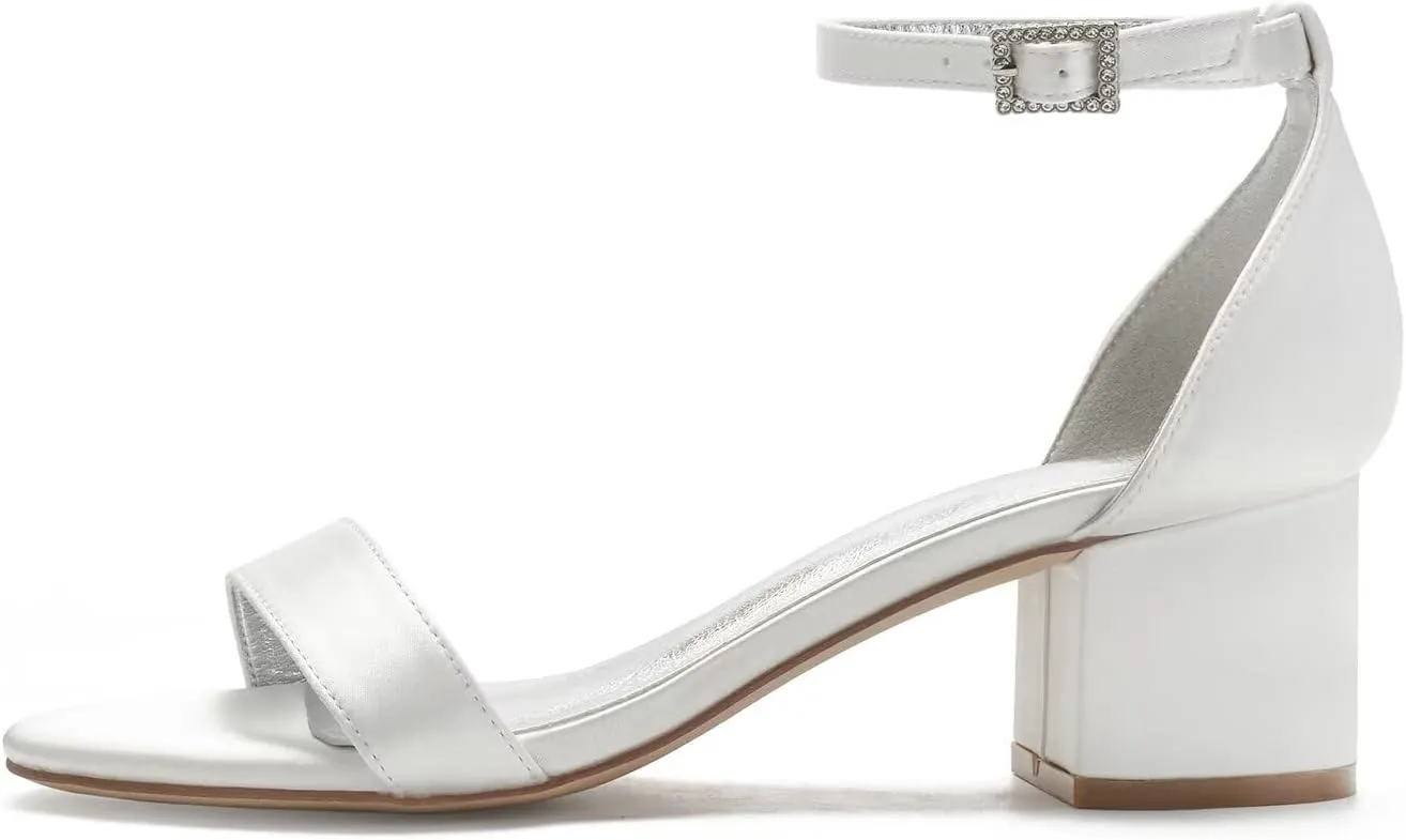 Women's Satin Open Toe Chunky Block Heeled sandals for Women Wedding Shoes for Bride Formal Prom Dress Heels