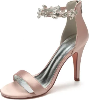 Women's Satin Open Toe Wedding High Heels for Bride Ankle Strap Rhinestones Stiletto Heels for Women Wedding Bridal Shoes