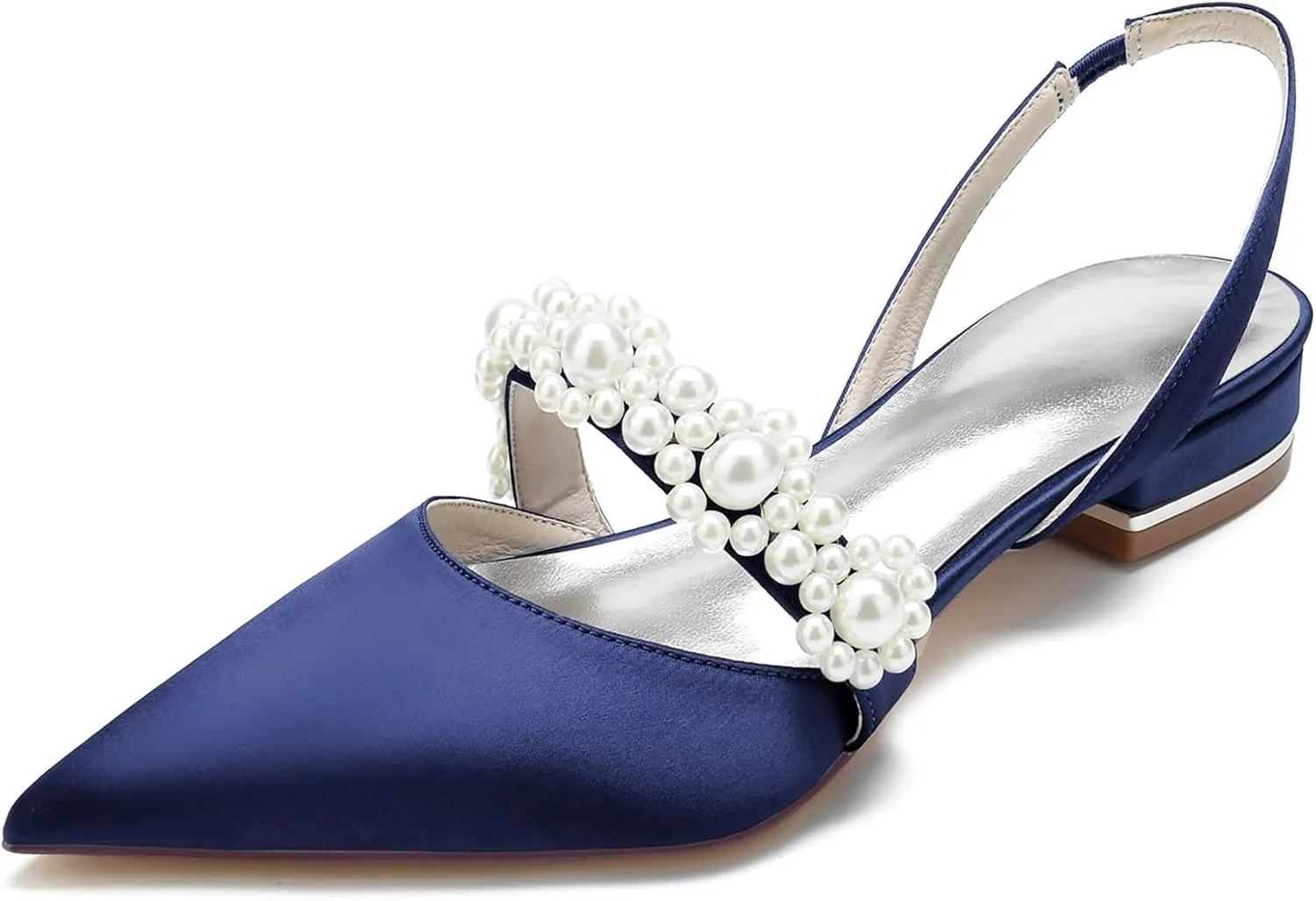 Women's Slingback Satin Wedding Flats Pearls Bridal Shoes Pointed Toe Prom Evening Bridal Party Dress Flats