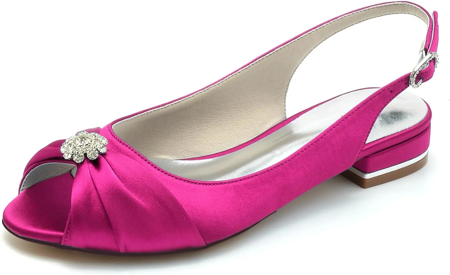 Womens Slip On Wedding Dress Shoes Peep Toe Low Heel Bridal Shoes Slingback Sandals Satin Evenging Party Work Flat Rhinestone Sling Back Sandals