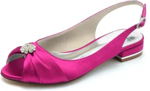 Womens Slip On Wedding Dress Shoes Peep Toe Low Heel Bridal Shoes Slingback Sandals Satin Evenging Party Work Flat Rhinestone Sling Back Sandals