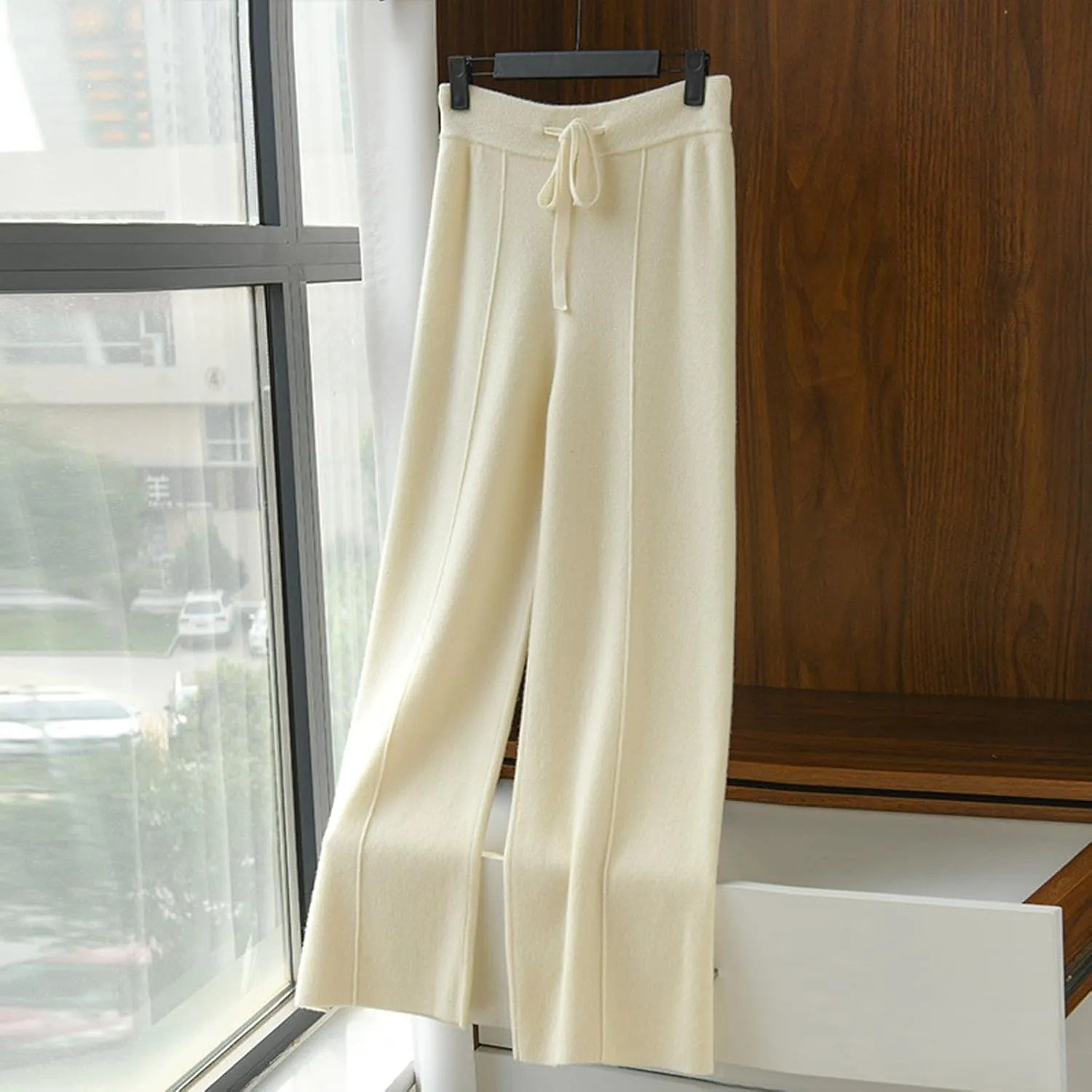 Women's Solid High Waist Knitted Wide Leg Pant Fall Winter Warm Drawstring Elastic Wide Leg Pants