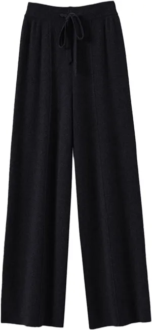 Women's Solid High Waist Knitted Wide Leg Pant Fall Winter Warm Drawstring Elastic Wide Leg Pants