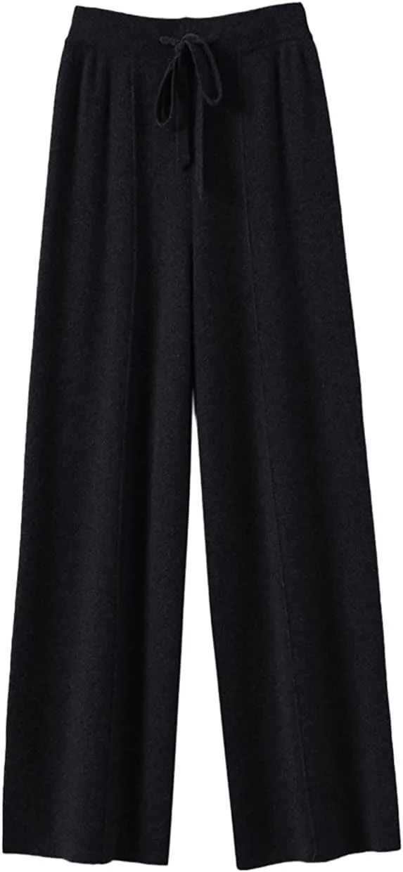 Women's Solid High Waist Knitted Wide Leg Pant Fall Winter Warm Drawstring Elastic Wide Leg Pants
