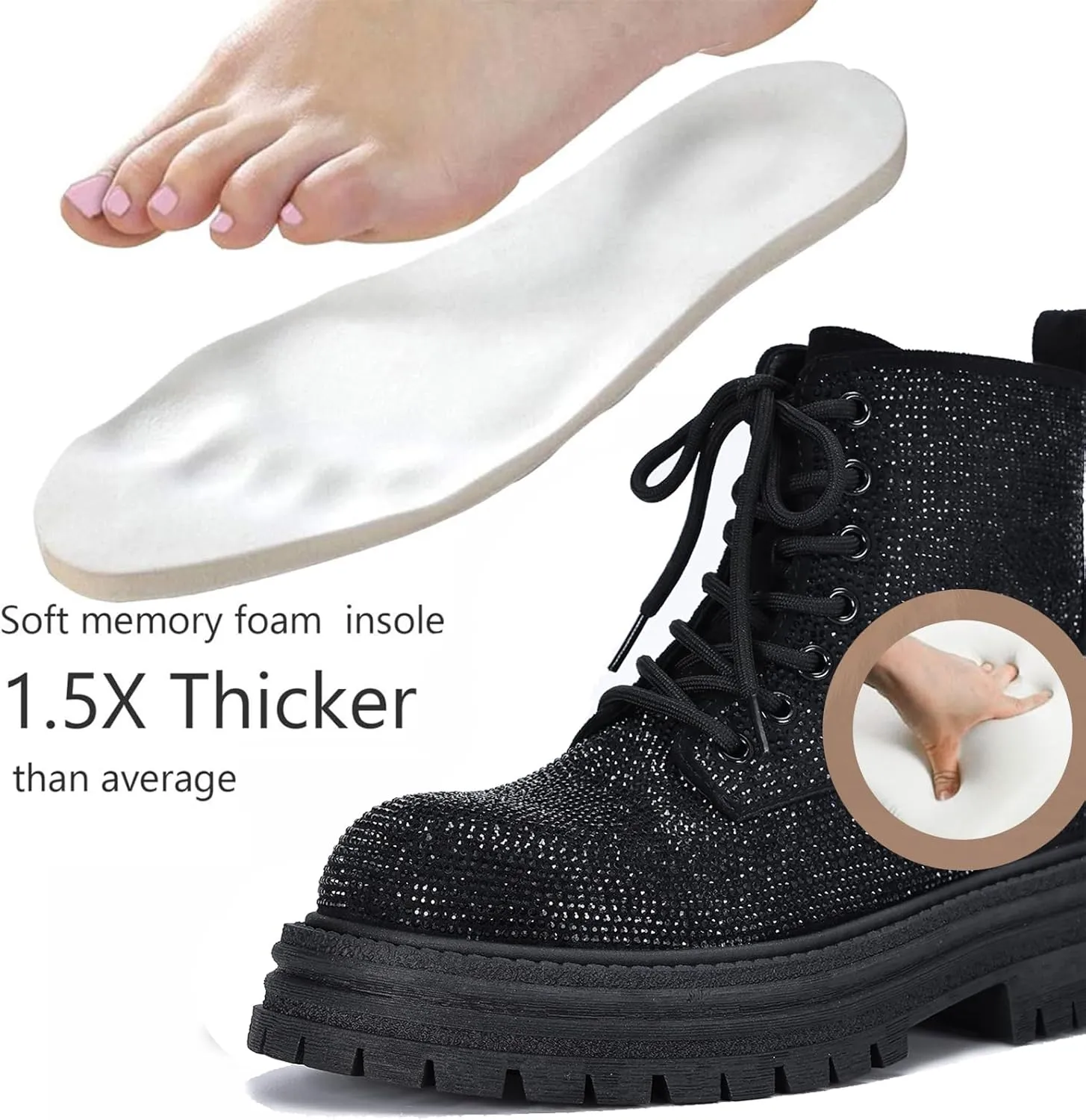 Women's Sparkly Rhinestone Chunky Platform Dress Boots Comfortable Round Toe Soft Sole Non-slip Goth Punk Short Boots with Side Zipper for Causal Walking Party