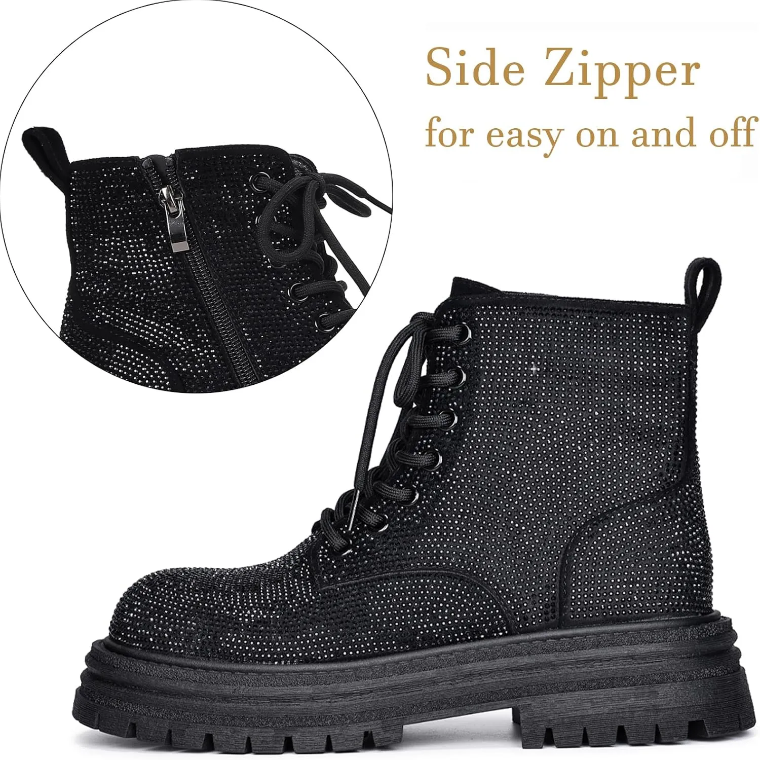 Women's Sparkly Rhinestone Chunky Platform Dress Boots Comfortable Round Toe Soft Sole Non-slip Goth Punk Short Boots with Side Zipper for Causal Walking Party