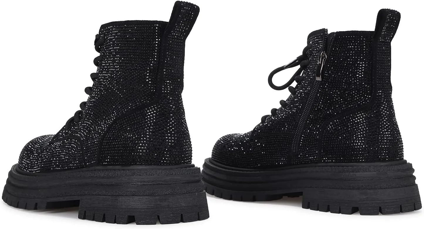Women's Sparkly Rhinestone Chunky Platform Dress Boots Comfortable Round Toe Soft Sole Non-slip Goth Punk Short Boots with Side Zipper for Causal Walking Party