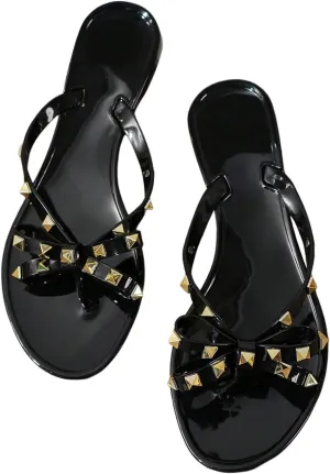 Women's Studded Bowknot Thong Sandals Open Toe Summer Casual Flip Flop Sandals