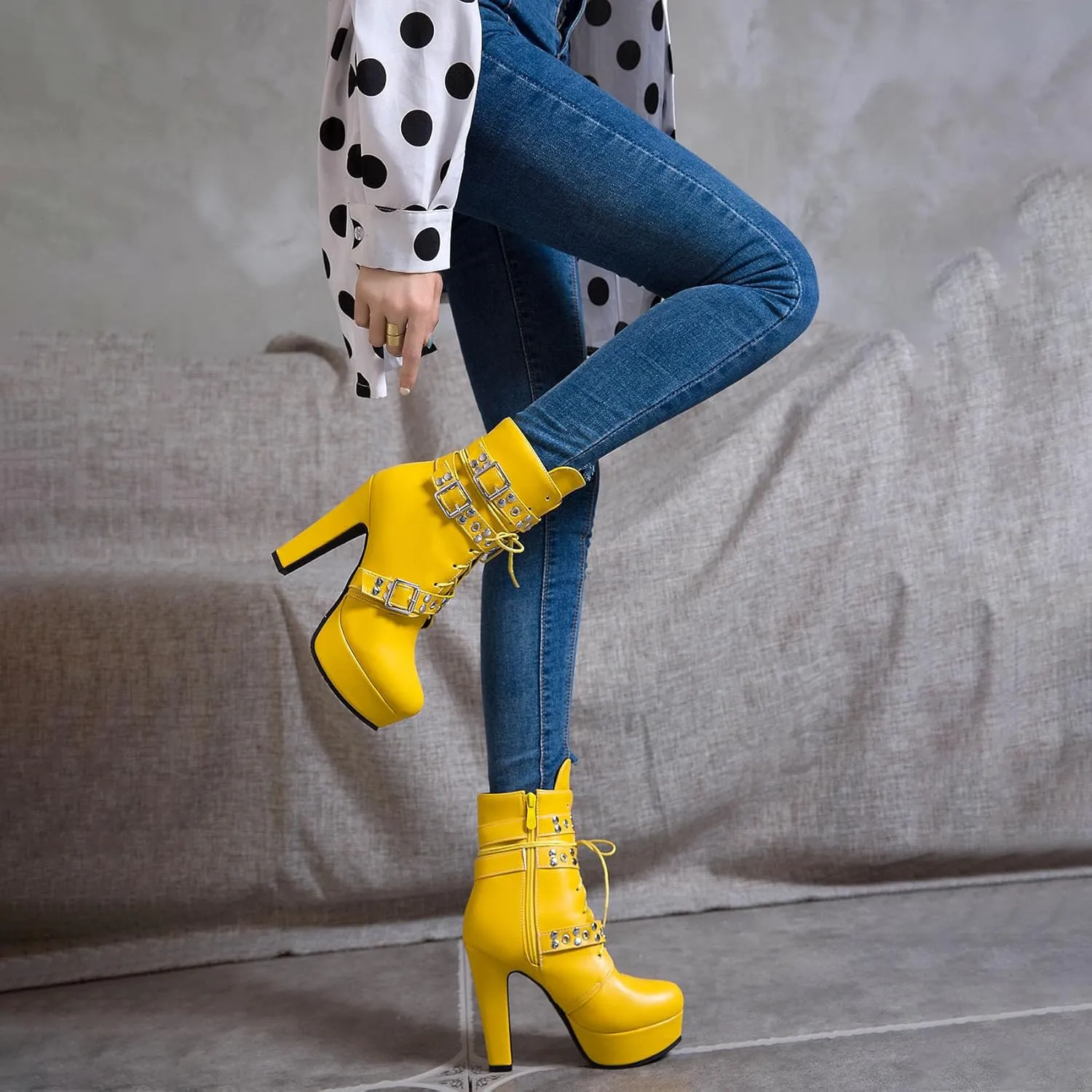 Women's Studded Buckled Combat Boots Chunky Platform Ankle Booties Goth Punk Lace Up Knight Biker Boots Zipper High Heels