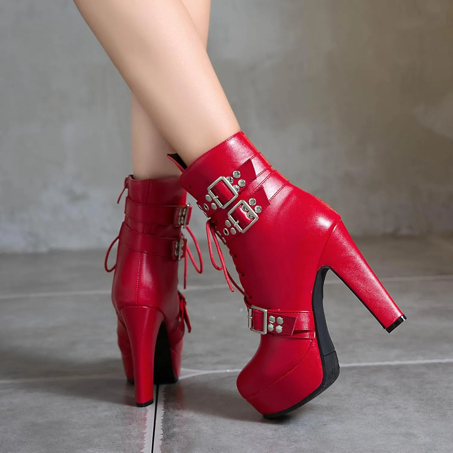 Women's Studded Buckled Combat Boots Chunky Platform Ankle Booties Goth Punk Lace Up Knight Biker Boots Zipper High Heels