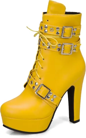 Women's Studded Buckled Combat Boots Chunky Platform Ankle Booties Goth Punk Lace Up Knight Biker Boots Zipper High Heels
