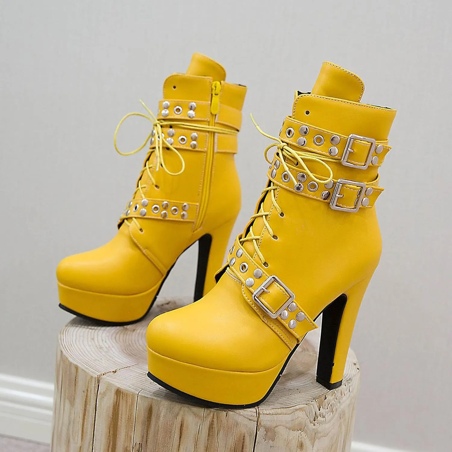 Women's Studded Buckled Combat Boots Chunky Platform Ankle Booties Goth Punk Lace Up Knight Biker Boots Zipper High Heels