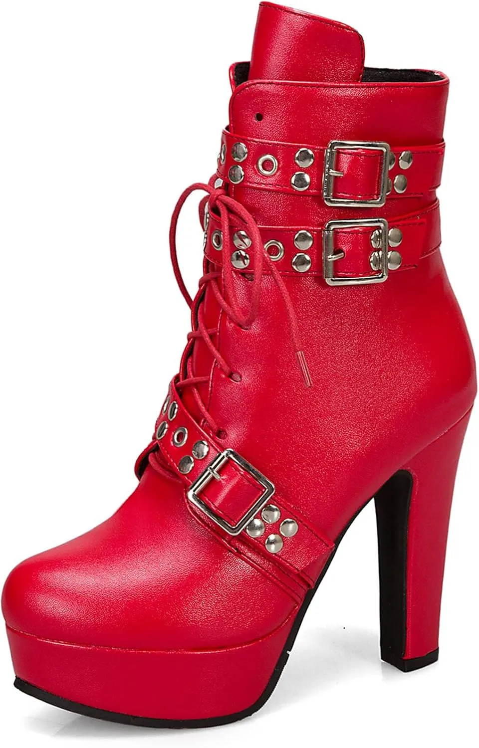 Women's Studded Buckled Combat Boots Chunky Platform Ankle Booties Goth Punk Lace Up Knight Biker Boots Zipper High Heels