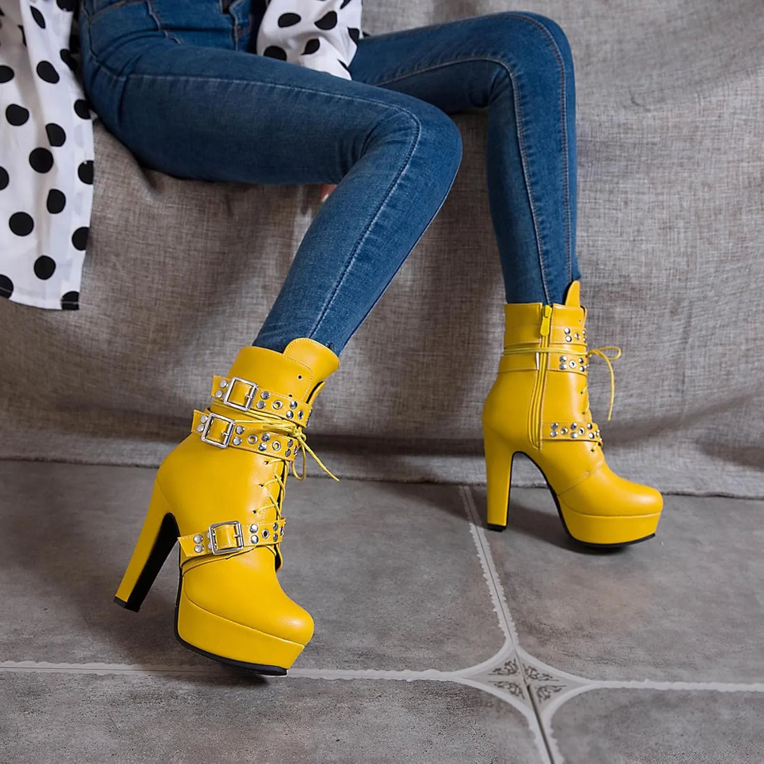 Women's Studded Buckled Combat Boots Chunky Platform Ankle Booties Goth Punk Lace Up Knight Biker Boots Zipper High Heels