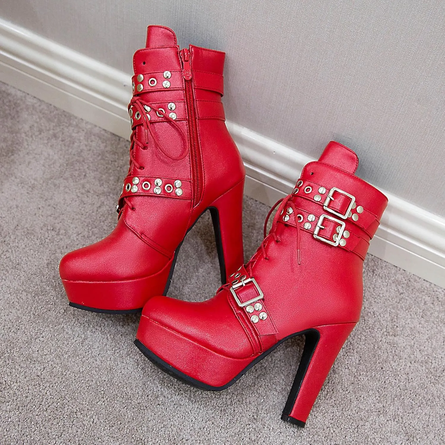 Women's Studded Buckled Combat Boots Chunky Platform Ankle Booties Goth Punk Lace Up Knight Biker Boots Zipper High Heels