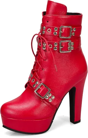 Women's Studded Buckled Combat Boots Chunky Platform Ankle Booties Goth Punk Lace Up Knight Biker Boots Zipper High Heels