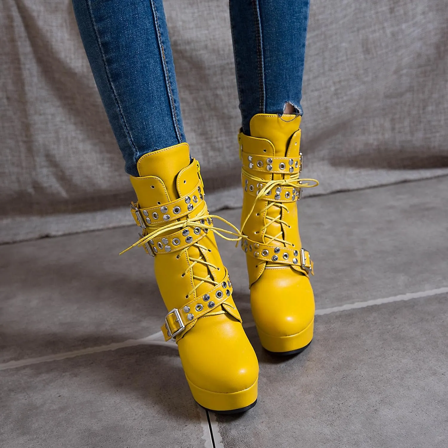 Women's Studded Buckled Combat Boots Chunky Platform Ankle Booties Goth Punk Lace Up Knight Biker Boots Zipper High Heels